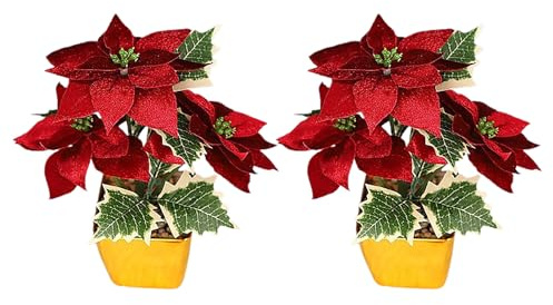 MISNODE 2 PCS Faux Poinsettia Fleurs en Pot, Poinsettias en Pot Fleurs de Noël Artificielles, Fausses Plantes de Poinsettia de Noël Rouges en Pots, Faux Poinsettia de Noël (A)