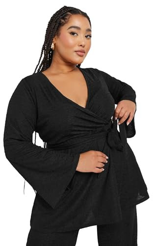 Yours Curve Textured Flare Sleeve Wrap Top - Women's - Plus Size Curve Black