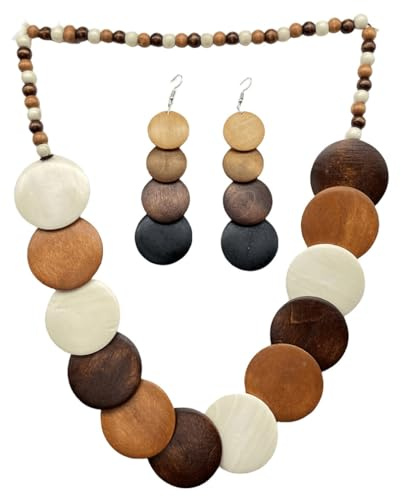 YAZILIND Ensemble collier et boucle d’oreille en perles en bois naturel - Bijoux de ton de terre fabriqués à la main pour les femmes (marron)