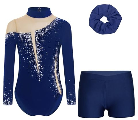 RUNQHUI Enfant Fille Justaucorps de Gymnastique Short Strass Brillant Ensemble Tenue Patinage Artistique Danse Spectacle B Bleu Marine 13-14 ans