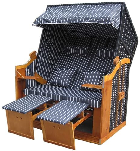 Vaiko Strandkorb Vollieger Ostsee Nordsee XXL120cm breit verstellbar PE Geflecht Markisenstoff (Schwarz Nadelstreifen)