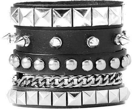 3 Pcs Studded Bracelets, Punk Rock Style Leather Bracelet Set, Studded wristlet Spiked Leather Cuff Bracelet for Men Women, 80s Wristband Adjustable Wrap Wrist Cuffs for Halloween Party Favors