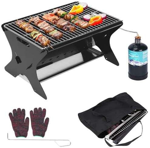 GFTIME Bärbar gasgrill med plugin-system, gas och koldrift – inkl. bärväska, mobil gasgrill, perfekt för camping, trädgård, balkong, utomhus