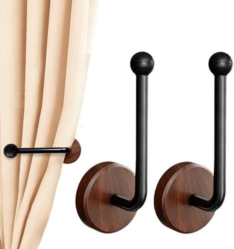YUFFQOPC 2Pcs Adhesive Curtain Holdbacks, Walnut L Shaped Self Adhesive Curtain Tie Backs No Drill Tie Backs for Curtains Fixing or Hanging Items