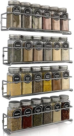 bekväm kryddhylla vägg, 4 x kryddhylla hängande av metall för 24 glas – 29 x 6 x 6 cm – kryddorganisatör inkl. monteringsmaterial för limning eller borrning (silver)