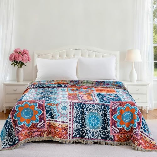BRYALIX 100% Cotton Muslin Floral Bed Throw Blanket, Lightweight Muslin Quilt, Boho Farmhouse with Fringe, Blue Orange Pink Patchwork, Reversible Jacquard Blanket for Home, Picnic, Travel, 60x80