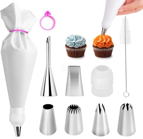 10-Piece Reusable Piping Bags and Tips Set, Cake Decorating Kit for Cakes, Cupcakes, Cookies, and Desserts, Includes 16 Inch Pastry Bags, 6 Frosting Tips, Couplers, Silicone Cable Ties, Cleaning Brush