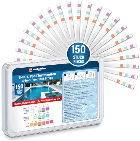 Veddelholzer Strisce reattive 3 in 1 per acqua 150 pezzi test acqua potabile test acquario kit analisi acqua potabile pH cloro libero alcalinità per piscine spa e vasche idromassaggio