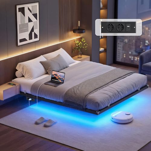 VASAGLE Struttura Letto 160 x 200 cm con LED, Effetto Fluttuante, Multipresa Rimovibile, 2 Prese AC, 1 Porta USB-C, 1 Porta USB-A, 1 Porta USB-A sul Retro, Portata 500 kg, Nero Inchiostro RMB175B101