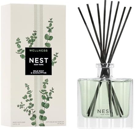 NEST New York Reed Diffuser, Wild Mint & Eucalyptus - 5.9 fl oz - Fragrance for Up to 90 Days - Reusable, Refillable Glass Holder - Includes 8 All-Natural Reed Sticks - Flame Free