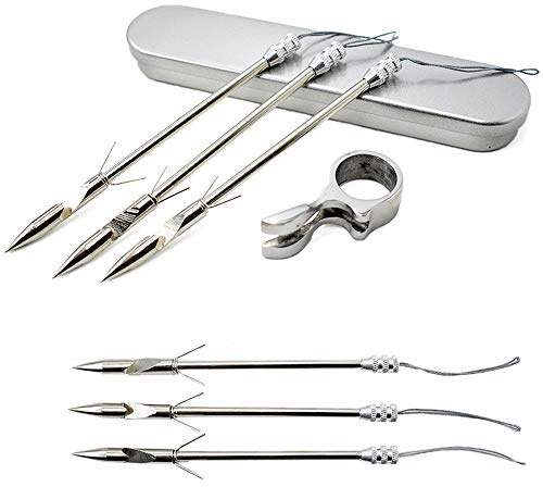 Piaoyu Stainless Steel Slingshot Fishing Arrow Archery Silver, 1 Ring, 1 Box for Fish Shooting, 6 Fish Fishing Arrows, Fish Shooting Darts, Finger Ring Launcher