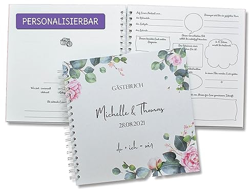 FEENSTAUB Gästebuch Hochzeit mit Fragen zum Ausfüllen, Hochzeitsgästebuch personalisiert, LGBTQ+ Hochzeit, Rosen, personalisiertes Hochzeitsbuch, Vorgedruckte Fragen für Gäste, Gästealbum