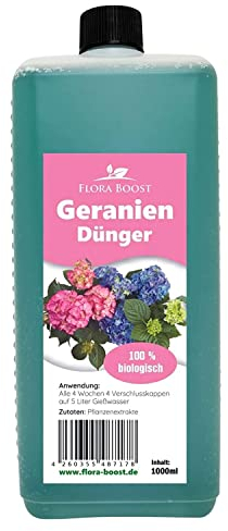 Konfitee Geranien Dünger Flora Boost 1000ml I Für bis zu 200L Gießwasser I Blumendünger für Balkon- & Gartenpflanzen I Flüssiger Blatt- & Wurzeldünger I 100% natürlicher Pflanzendünger
