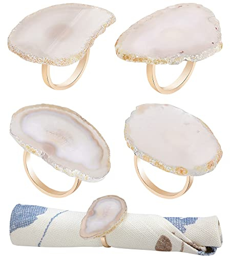 CozyTower Agate Napkin Rings Set of 4, Gold Napkin Holders for Cloth Napkins, Unique Wedding Decorations Napkin Ring Kitchen Accessories for Dinner Party (Natural Color Agate)