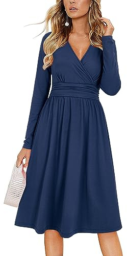 OUGES Women's Fall Long Sleeve Dress Wrap V Neck Wedding Guest Business Casual Flowy Midi Dresses with Pockets 2025(Navy,M)