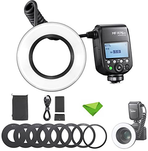 Godox MF-R76C TTL Macro Ring Flash 76Ws HSS 2.4G Wireless GN14 CCT 5900K 550 Full-Power Flashes, 0.1-1s Tiempo de Reciclaje Dual-Flash Tubes Speedlight para cámaras Canon