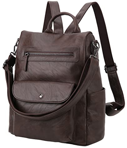 VX VONXURY Rucksack Damen, Groß Anti-Diebstahl Reiserucksack für Frauen 2 in 1, Elegant PU Leder Cityrucksack für Arbeit Schule (Kaffee)