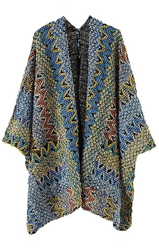 Cappotto Cardigan Con Nappe Lavorato A Maglia Con Scialle Bohémien Da Donna Mantelle Maglione Etnico Avvolgente In Filato Di Lana Blue