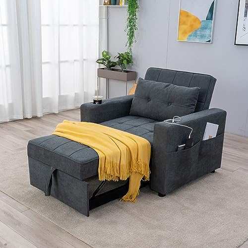 Panana Pull Out Sofa Bed, Single Sofa Armchair, Convertible Chair 3 in 1 Multi-Function Folding 3 Position Sleeper Chair Beds with Dranks Cup Holder and Dual Biult-in USB Ports, Gray Linen