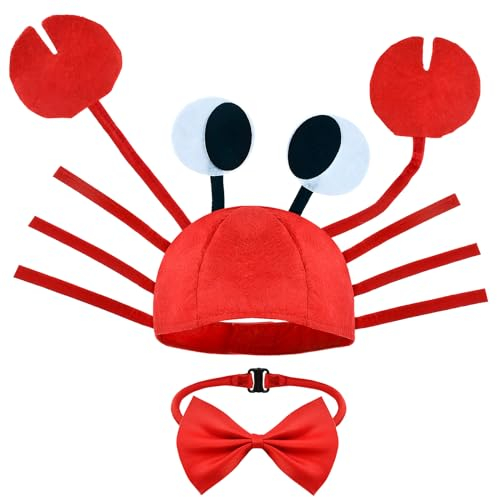 Krabben Hut Krabben Mütze mit Rot Fliege, Verstellbar Lustiger Hut, Partyhut Lustige Hüte für Kinder Erwachsene, Krabbenhut für Karneval Cosplay Ostern Halloween Party Dekoration Kostüm Zubehör