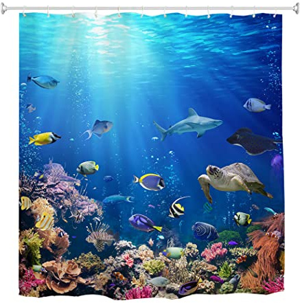 goodbath Extra langer Duschvorhang 220 Fallhöhe, Unter dem Ozean Fisch Anti-Schimmel-Gewebe wasserdichte Duschvorhänge für Badezimmer Badewanne, 180 x 220 cm, Hellblau