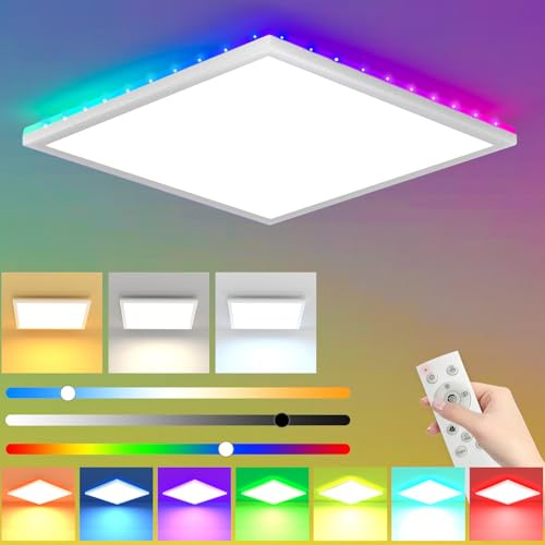 Indmird Plafonnier LED Dimmable 30W, RGB plafonnier Led avec Télécommande, 3000K-6500K Plafonnier LED Salon Etanche IP54 Lampe led Plafond pour Salle de Bain,Cuisine,Salon,Bureau,Carré 30x2.5cm