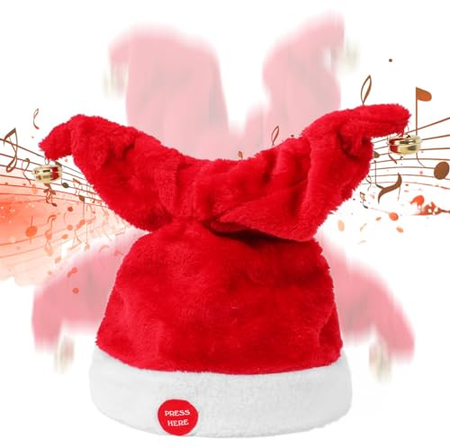 Gfilay Singing and Dancing Electric Santa Hat, Interactive Musical Plush Christmas Hat with Swinging Bells, Funny Holiday Gift and Party Decoration for Adults and Kids