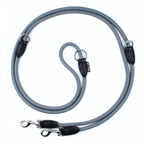 elevenants® Verstellbare Hundeleine 3 Meter | Robuste Nylon Umhängeleine für mittelgroße bis große Hunde | Führleine mit 200kg Zugkraft | Doppelleine mit 2 Karabiner (Grau)