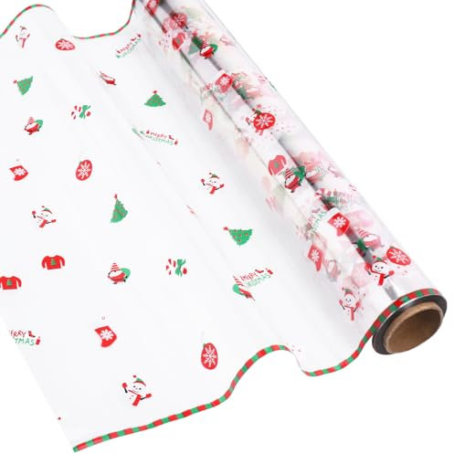 JIANTA Geschenkfolie Transparent Weihnachten, 40cm x 30m Cellophanfolie Rolle, durchsichtiges Geschenkpapier mit Weihnachtsmann für Weihnachten Thema Geschenke DIY Deko