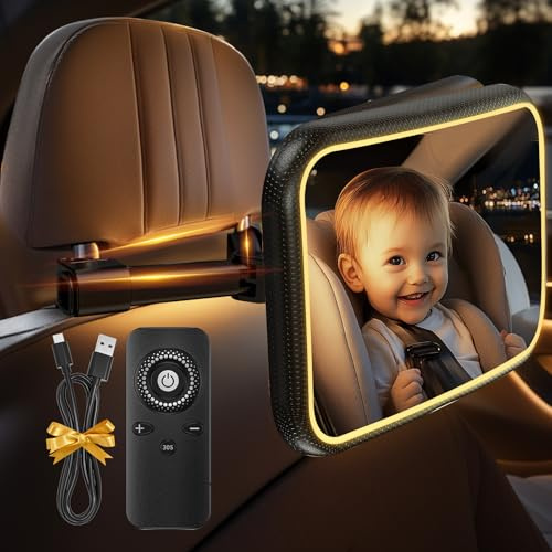Specchietto Retrovisore Bambini Specchio Auto Bambino con Luce e telecomando 360° Orientabili 100% Infrangibile Specchietto Retrovisore Auto,Specchio Macchina Neonati Sedile Posteriore Ampio Chiaro