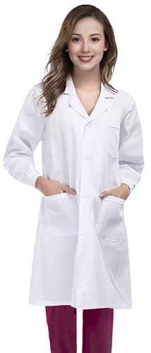 FAHAKO Camice Medico Donna, Camice Bianco da Laboratorio Donna Cotone Camice Laboratorio Chimico Maniche Lunghe Camice da Laboratorio Chimica Camice Infermiere Camici Dottore con 3 Tasche Bottoni, M