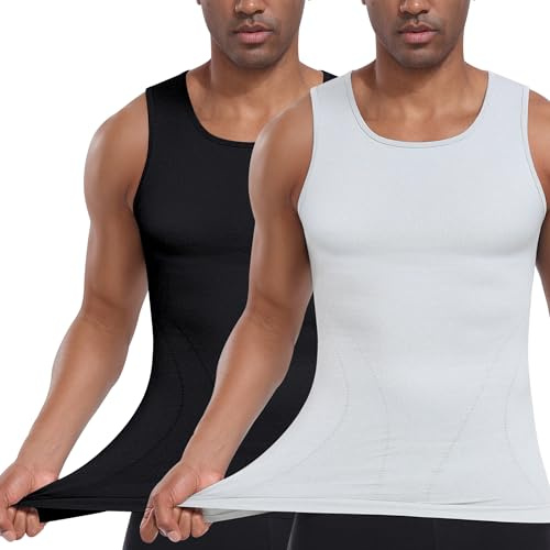 EUYZOU Men's Compression Shirts Sleeveless Slimming Undershirts Gynecomastia Body Shaper Shapewear Tank Tops, Black/Grey 2pk 4XL