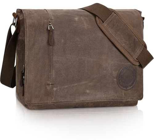 Leathario Borsa a Tracolla Uomo per Laptop 14 Pollici, Modello Messenger in Pelle Vera e Tela per Lavoro, Università e Scuola, Marrone