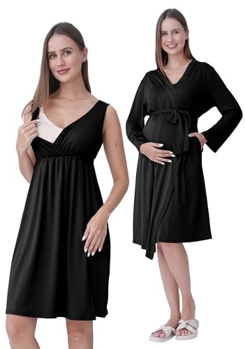 SUNNYBUY mamma- och amningsnattskjorta med morgonrock i 2 delar | 3-i-1 graviditetsnattklänning set för födsel, veckosäng och amning, sjukhus nattkläder