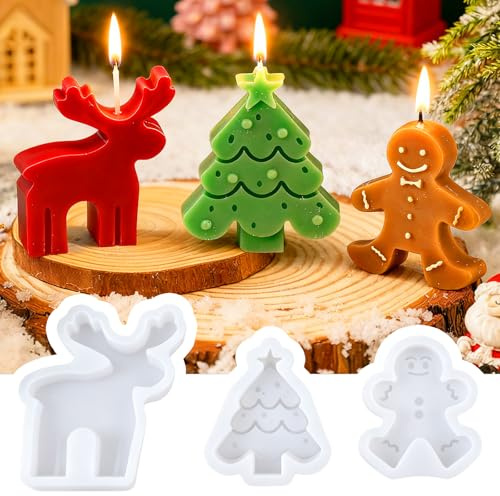 Forme in silicone per versamento di Natale, QZOSZ Forma in silicone per Natale, forme in gesso per versamento di candele 3D, alce, pan di zenzero, albero di Natale, portacandele in silicone, forme in