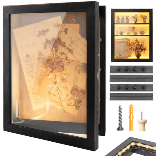 Shadow Box 14x11 Black Picture Frames Display Cases with LED Light,Memory Keepsakes Boxes with 4 Removable Trinket Shelf,for Anniversary Wedding Baby Graduates Memorial Collect-Distressed Retro
