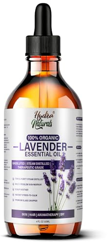 Hydra Naturals 100% Pure Lavender Essential Oil – Triple Steam Distilled Organic Therapeutic Grade – Undiluted for Skin Glow, Hair Strength & Deep Sleep – Natural Aromatherapy Stress Relief Oil 120ml