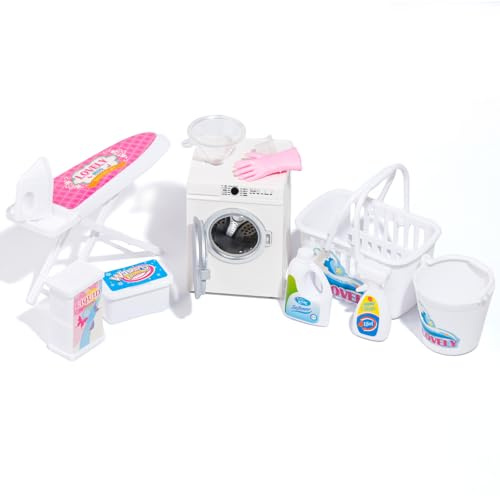 Set di 11 lavatrici con gnomo in miniatura, accessori per porta del gnomo e Natale, con lavatrice con porta apribile e tamburo girevole, asse da stiro, decorazione per la cameretta dei bambini