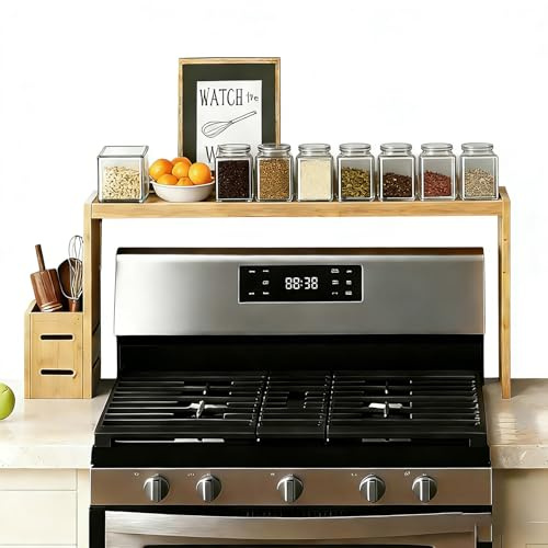 AODANC Over The Stove Shelf Wooden,Bamboo Spice Rack for Above the Kitchen Hob,31.5-inch Spice Storage Rack,Height-Adjustable, 50-pound Weight Capacity, Easy to Assemble (Wood colour)