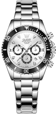 OLEVS Watches for Women Silver Elegant Chronograph Date Diamond Scale Dress Womens Watches Stainless Steel Gift Ladies Watches with Pink/Black/Green/Blue Dial Waterproof Luminous