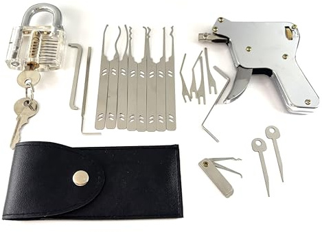 QiDAi 5 in 1 Lock Pick Set for Beginners, with Transparent Practice Padlock, Lock Pick Gun, Stainless Steel Picks, Lock Pick Shim,Tension Wrenches, Leather Carry Pouch