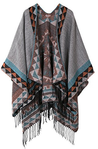 Urban GoCo Mujer Poncho Cárdigan de Punto Capa Gran Tamaño Estampado Étnico Chal Bufanda Manta con Borlas (#5 Gris)