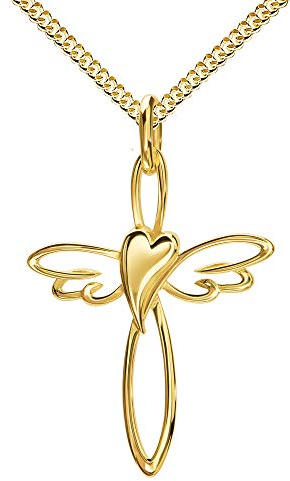 JEVELION Gold Kreuz-Herz-Flügel-Anhänger 333 Gold 8 Karat für Damen, Herren und Kinder als Kettenanhänger. Mit Kette 45 cm