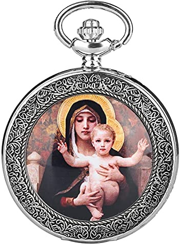 Akopiuto Style Religieux Vierge Marie et jésus Quartz Montre de Poche Pendentif pour Femmes Filles Dame Bijoux Collier chaîne Montre de Luxe en Argent