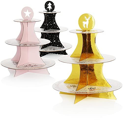 COM-FOUR® 3x alzate per dolci in cartone con motivi natalizi, piatti per dolci a 3 livelli per pan di zenzero, cupcake o torte per il tuo buffet festivo (3 pezzi - color argento/oro)