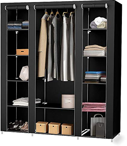 HUOLE Armadio per biancheria, con asta appendiabiti in tela, con rivestimento in tessuto, XL armadio da campeggio con asta per abiti, 175 x 150 x 45 cm, colore: nero