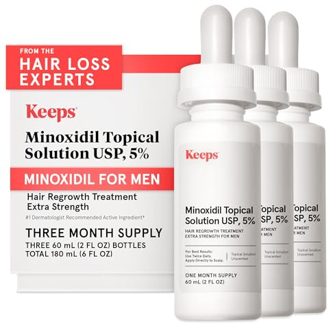 Keeps Minoxidil Solution 5% for Men - Extra Strength Topical Hair Regrowth Treatment - Non-Greasy Scalp Solution - Clinically Proven to Increase Hair Growth - 3 Month Supply (3 x 2 fl oz Bottles)