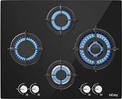 Glas Gaskochfeld, IsEasy Gaskochfeld 4 Flammig, Einbau 4 zonen gaskocher, 64cm Autark gaskochfeld, Up to 8750W(2700W+3300W +1750W + 1000W), Erdgas(20mbr)/Propangas(30/50mbr)