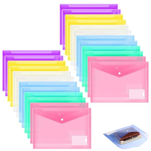 24 Pezzi Cartellina Portadocumenti A4 Colore Cartelline Trasparenti Plastica Cartelline Portadocumenti Buste con Bottone e Porta Etichetta per l'archiviazione e l'organizzazione