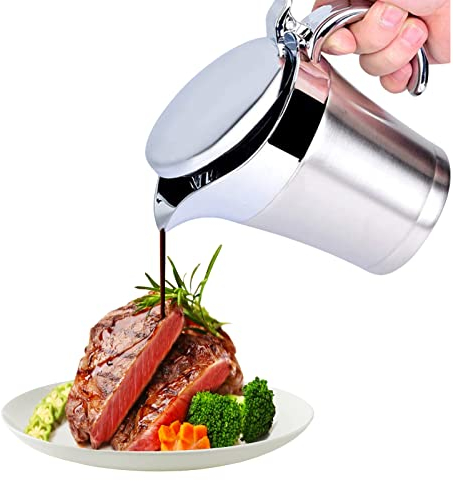 Thermo Sauciere Doppelt 304 Edelstahl 450ml Isoliert Thermo Sauciere Soßenkanne Saucenbecher Soßenschüssel mit Deckel für Servieren von Soße,Vanillesoße,Sahne,Soße